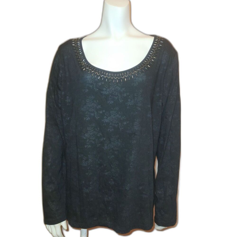 Basic Edition Black Long Sleeve Top with Beaded Neckline Womens Size XL